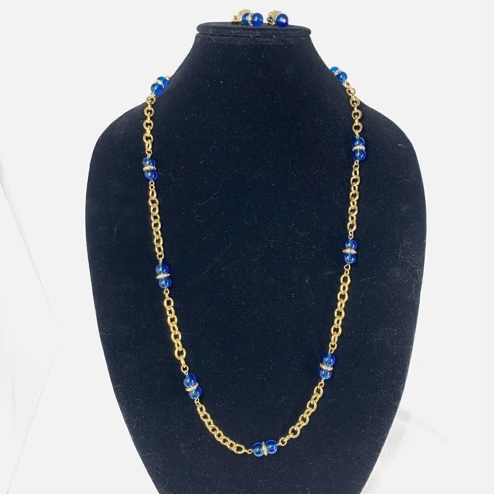 Vintage Contessa Beaded Chainlink Opera Necklace & Clip Earring Set Gold & Blue